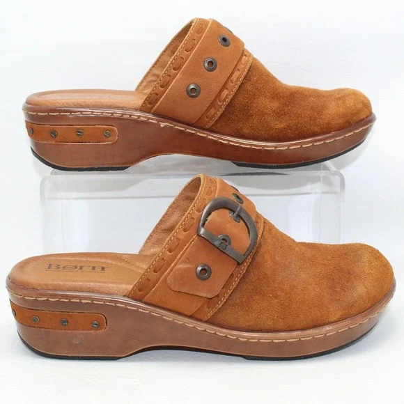 Born Womens 8 Brown Suede Leather Buckle Clogs Mules Platform Wedge  NWOB - Picture 6 of 9